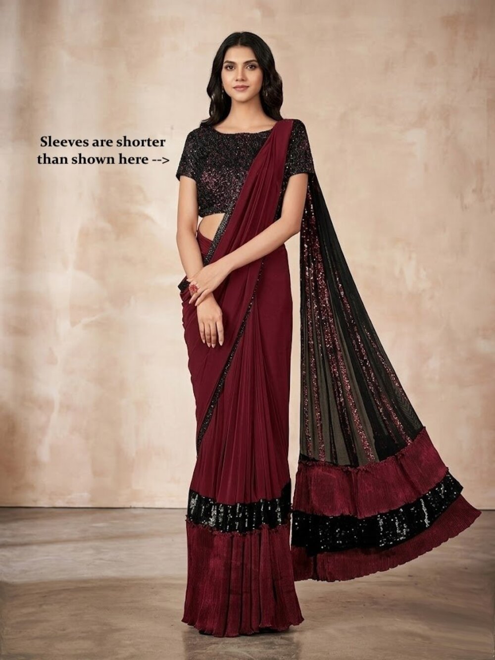 Mahotsav Ready to Wear Lycra Saree & Sequin Blouse Maroon Black NWOT